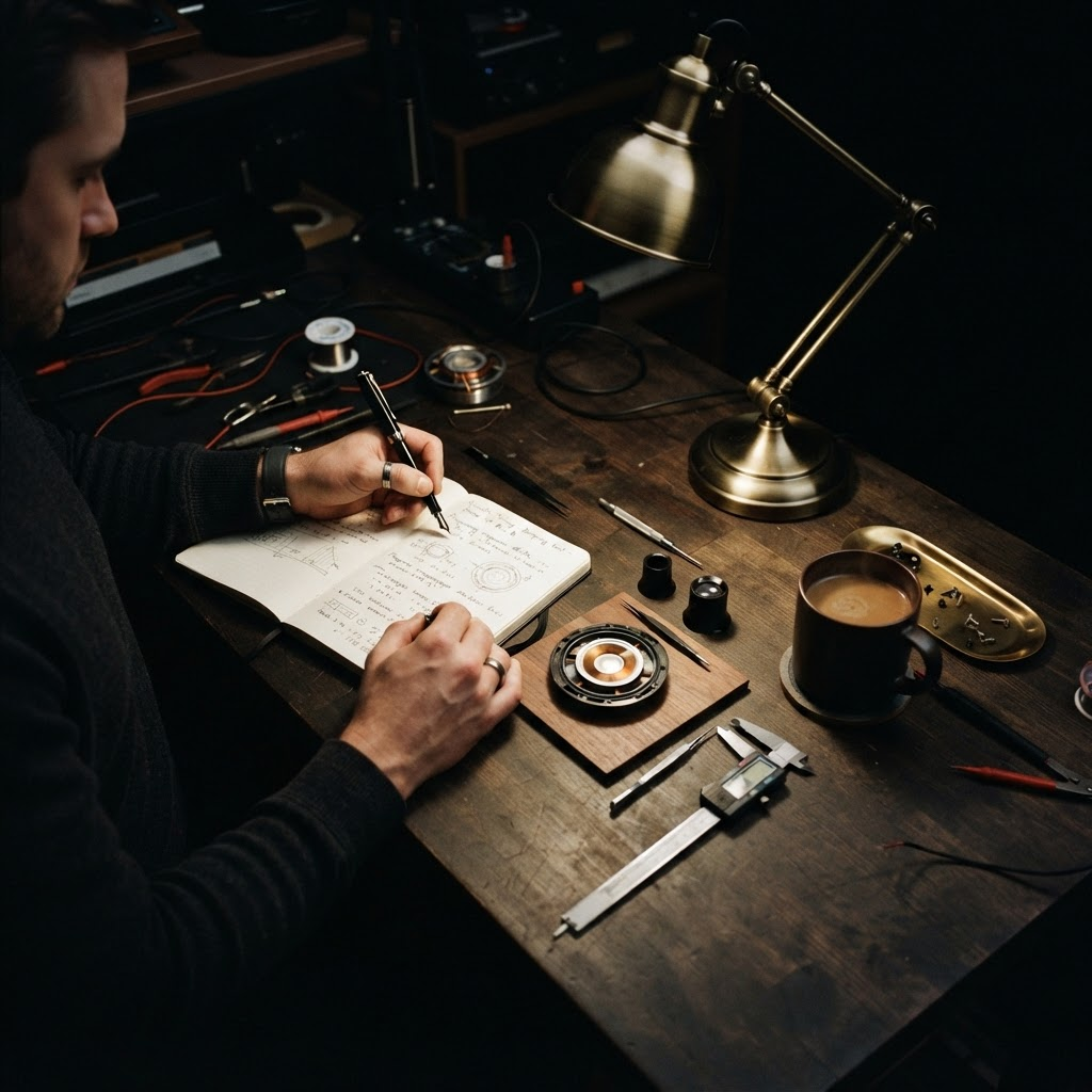 A moody workbench with handwritten notes and a disassembled headphone driver under a desk lamp.