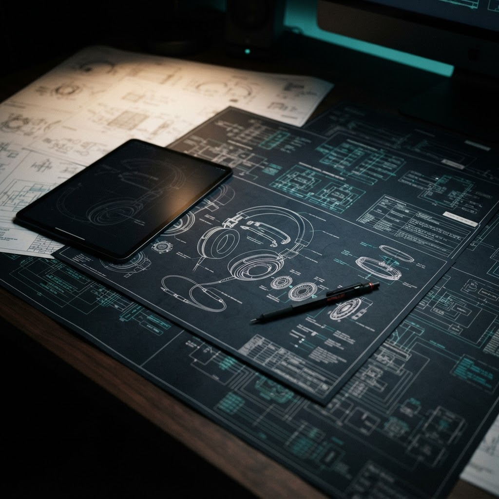 An architect's desk from above with technical blueprints and exploded-view engineering schematics under a soft directional light.